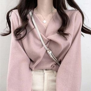 Herentruien Basis Wild V Hals Gray Fleece T -stuk herfst winteroverhemden voor vrouwen 2023 Slim Ropa de Mujer Oversized roze T -shirt Solid tops