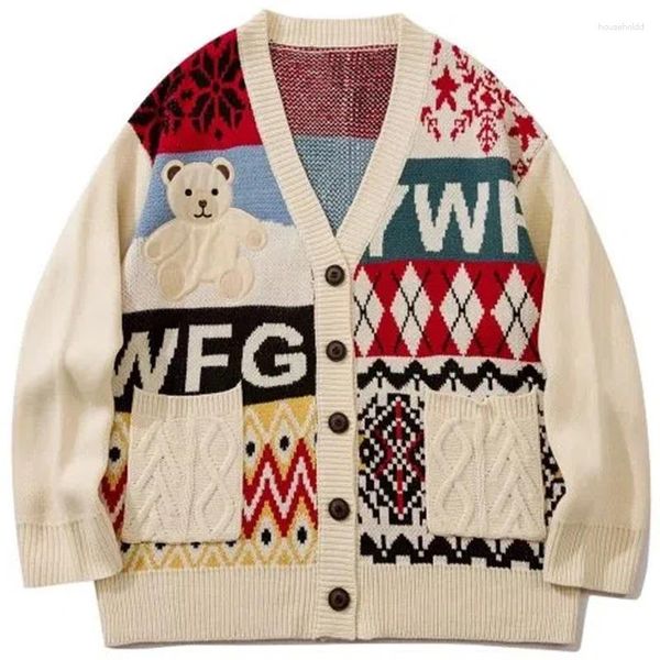 Chandails pour hommes Bear broderie Cardigan pull pour hommes 2024 hiver style japonais dessin animé hip hop lâche femmes tricots manteaux vintage