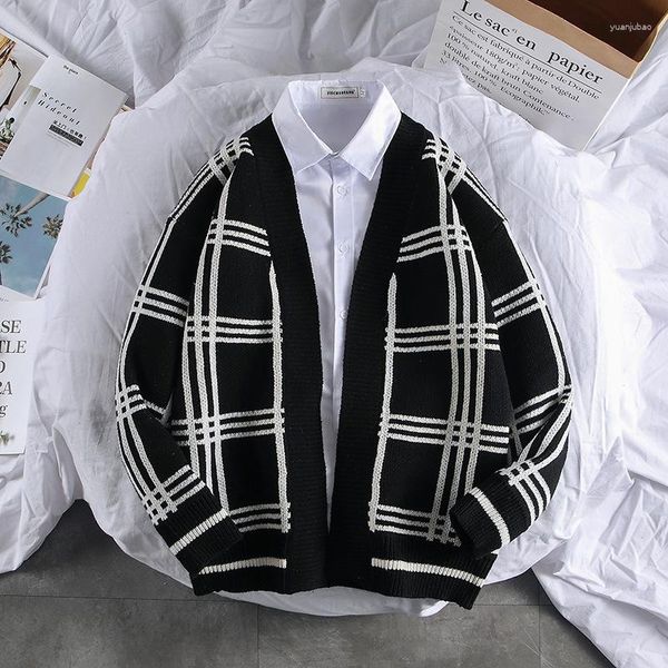 Suéteres para hombre, camisa de punto a cuadros en blanco y negro, suéter grueso suelto de estilo perezoso, cárdigan de pareja de estudiantes a juego de colores, chaqueta 2023