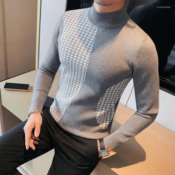 Pulls pour hommes Noir / Gris Automne Hiver Houndstooth pour hommes Vêtements All Match Slim Fit Casual Turtleneck Pull Homme Knitwear 4XL