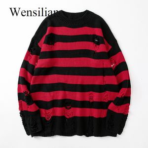 Pulls pour hommes Black Stripe détruit pull déchiré femmes pull trou tricot pulls surdimensionné sweat-shirt harajuku manches longues hauts 221121