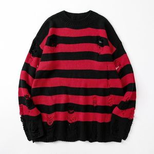 Men's Sweaters Black Stripe Sweaters Destroyed Ripped Sweater Men Pullover Hole Knit Jumpers Men Oversized Sweatshirt Harajuku Long Sleeve Tops 221111