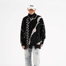 Suéteres de hombre negro blanco Coloblock borla cuello alto ropa informal japonesa Retro cordón cruzado prendas de punto de gran tamaño Otoño e Invierno