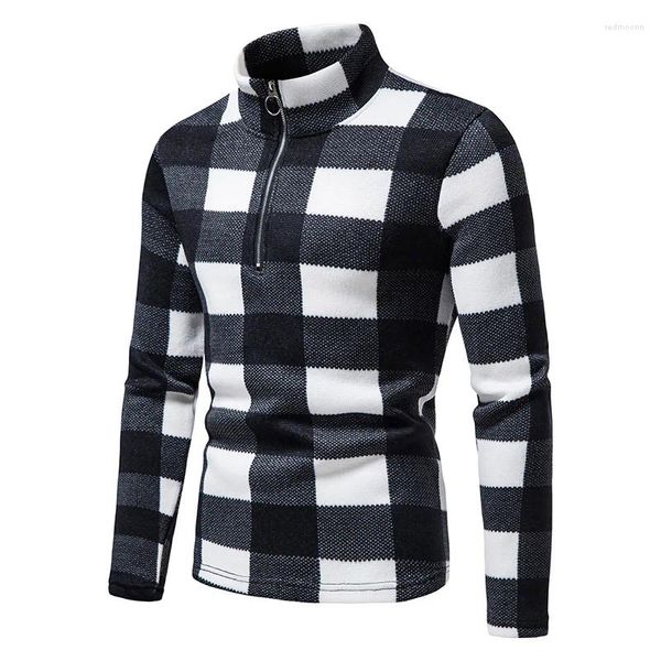 Suéteres para hombres Negro Blanco Plaid Fleece Jersey Suéter Hombres 2024 Marca Cuarto Zip Turtleneck Punto Harajuku Streetwear Ropa