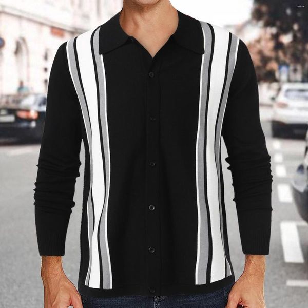 Suéteres para hombres Blusas Hombres Moda para hombre Botón a rayas Elástico Punto de manga larga Cardigan Camisetas para paquete grande y alto de