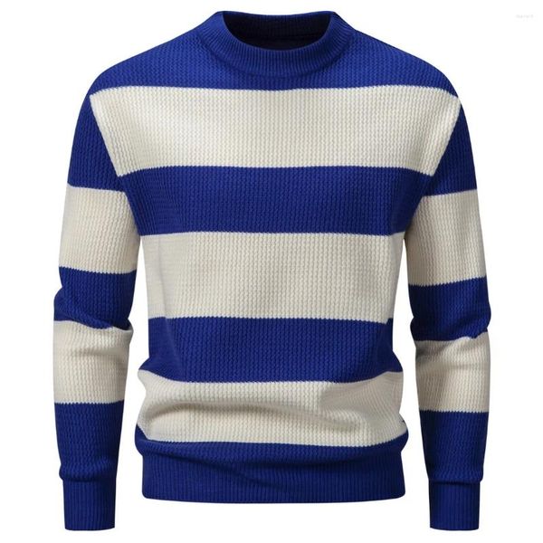 Suéteres para hombres Hombres azules Raya gruesa Jersey de alta calidad Invierno Cálido Cuello redondo Moda clásica Casual Ropa diaria