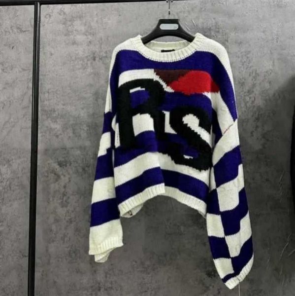 Pulls pour hommes Blue Stripe RAF SIMONS RS Pull pour hommes Femmes Top Version Oversize Bat Shirt Sweatshirts en tricot v4