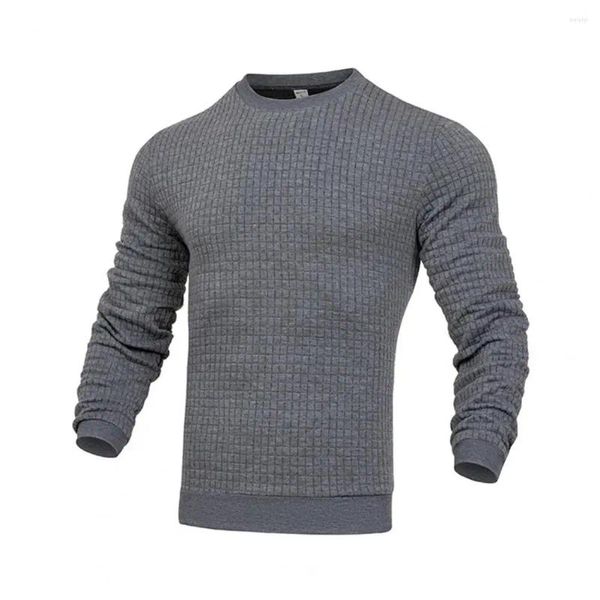 Suéter masculino de tecido respirável, outono inverno, cor sólida, manga comprida, ajuste solto, textura de waffle, tops para assentamento casual