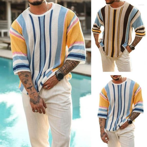 Suéteres para hombres Suéter de costura de color brillante Estampado a rayas Jersey de punto colorido y holgado para primavera, verano y otoño para hombres