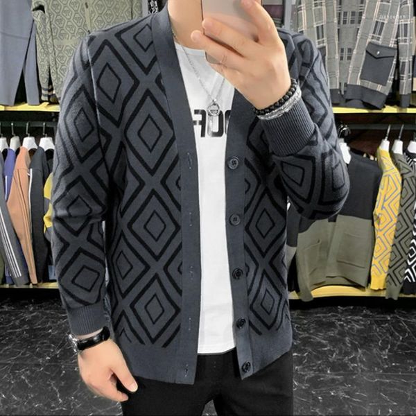 Suéteres para hombres Estilo británico Hombres Diamond Check Color Contraste Cardigan Suéter Moda All-Match Casual Slim-Fit Prendas de punto