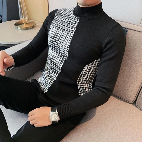 Suéteres para hombres Estilo británico Suéter de punto a cuadros 2023 Otoño Manga larga Slim Casual Business Jersey Mock Neck Prendas de punto Ropa para hombres