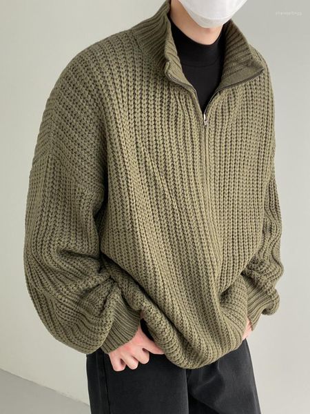 Suéteres para hombre C Y cuello alto cárdigan de punto otoño Color sólido básico versátil suéter suelto Casual coreano moda masculina Tops 9A5360
