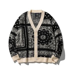 Pulls pour hommes Cardigan pull hommes automne col en V fleur de cajou mode japonais lâche décontracté cool étudiant à la mode haut hiver 220924