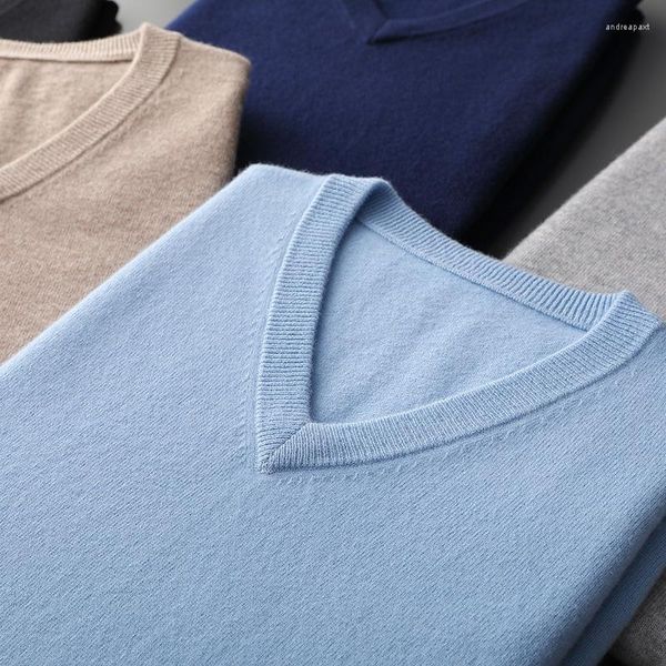 Suéteres para hombres Cashmere Mezcla de algodón Clásico con cuello en V Suéter de punto Hombres Jersey 2023 Otoño Invierno Suave Cálido Negocio Casual Jumper Pull