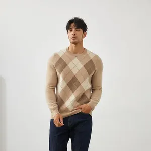 Sweaters voor heren geruit paneel contrast cashmere o-neck pullover casual business warme top herfst en winter gebreide bodem shirt