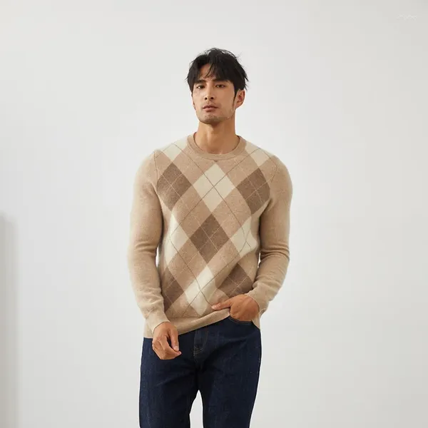 Pulls pour hommes Panneau à carreaux Contraste Cachemire Pull à col rond Casual Business Warm Top Automne et hiver Chemise de fond tricotée