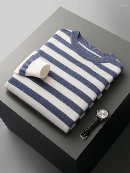 Suéteres para hombre, Jersey elegante a rayas con cuello redondo, suéter de lana Merino para primavera y otoño, Jersey básico informal, tela coreana