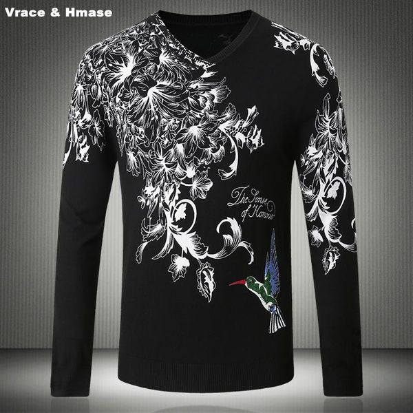 Chandails pour hommes Style chinois fleurs oiseau motif impression mode pull décontracté automne hiver 2023 qualité hommes noir blanc M-4XL hommes