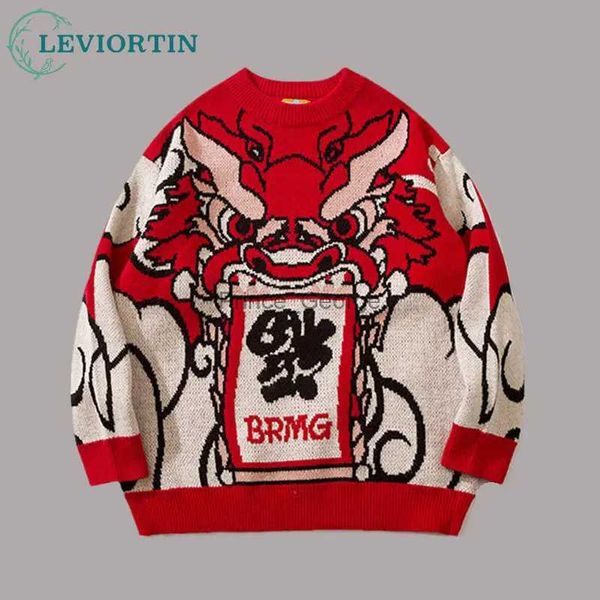 Suéteres para hombres Estilos chinos Dragón Impresión Suéter rojo para hombres Mujeres Moda Otoño Invierno Manga larga Pareja Punto Jersey TopsLF231114L2402