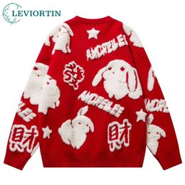 Pulls pour hommes Année chinoise Lapin Année Mahjong Pulls imprimés Hommes Couples Luxe Drop Shoulder Harajuku Pull oversize Knitwears Tops 230808