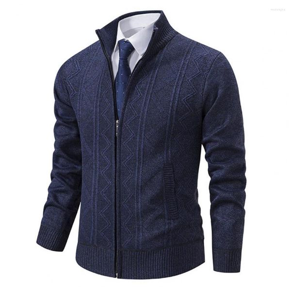 Maglioni da uomo Cappotto classico da uomo con colletto alla coreana Elegante cardigan invernale con abbottonatura con cerniera e finiture a coste