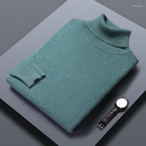 Suéteres para hombre, suéter clásico de cuello alto, suéter de punto de lana Merino para otoño e invierno, suéter informal holgado de manga larga para mantener el calor para hombre