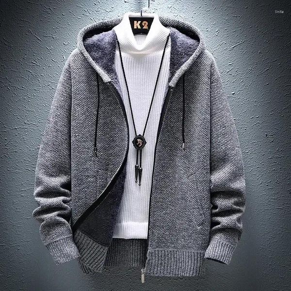 Suéteres para hombres Ropa con bolsillos Suéter de punto Cárdigan masculino Sudaderas con capucha con cremallera gruesa Chaqueta Abrigo con cremallera Moda calentada 2024 Modo A