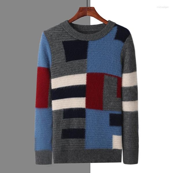 Pulls pour hommes contraste couleur à carreaux col rond pull automne/hiver vison pull en cachemire mode haut de gamme Blouse