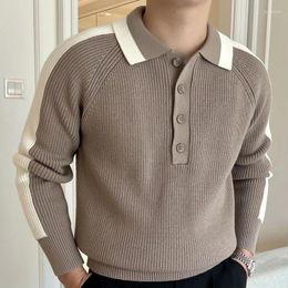 Suéteres para hombres Contraste Color Suéter de punto Hombres Coreano Slim Casual Solapa POLO Pull Homme para Heren