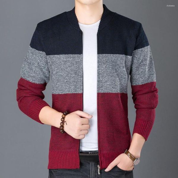 Pulls pour hommes Contraste Couleur Stripes Cardigan Manteau Cardigans tricotés élégants avec col en V Slim Fit pour l'automne