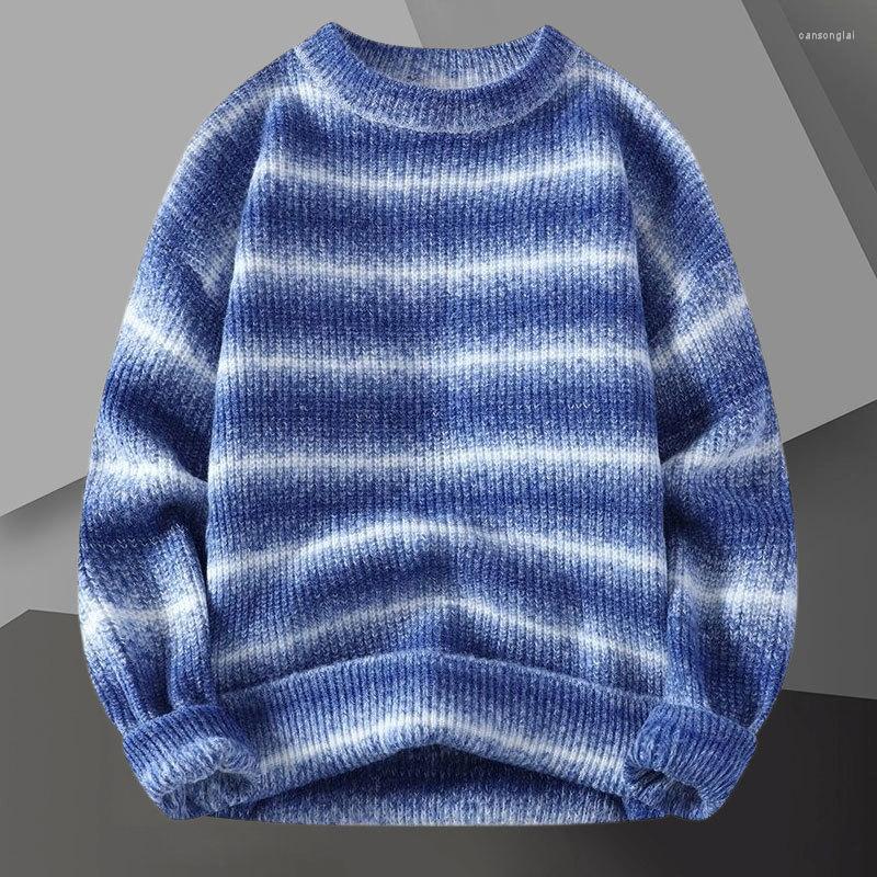 Męskie swetry kontrastujące paski na dzianinowe sweter O-Neck Pullover kratę turtleck mężczyzn Pull Homme Fall Slim