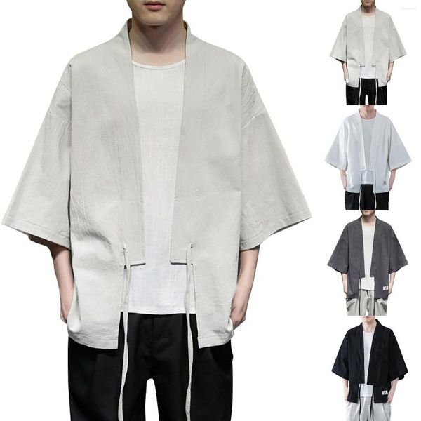 Suéteres masculinos algodón cárdigans de estilo chino para hombres verano fresco suelto 3/4 mangas de hielo seda delgada protección solar pareja 2023