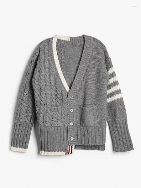 Pulls pour hommes Couple Pull Cardigan Col V Rayé Épissage irrégulier Lâche Automne Hiver Manteau Tricoté Épais Mode Casual