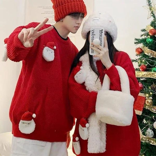 Suéteres para hombres Pareja Feo Suéter de Navidad Invierno Rojo Espesado Cálido Prendas de punto Año Cuello redondo Oversize Hombres Mujeres Jerseys