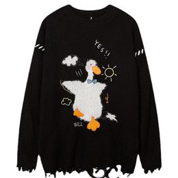 Pulls pour hommes Mignon Fluffy Duck Noir Pull déchiré Hommes Femme Harajuku Rétro Pull tricoté surdimensionné Streetwear Vêtements Loose Jumper 230810