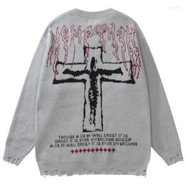 Suéteres de hombre Dark Cross Jacquard de manga larga suéter rasgado American Retro Loose Knitted Jumper Otoño Invierno Street Black Knitwear 2023
