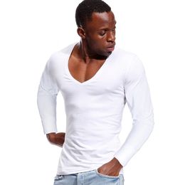 Pulls pour hommes col en V profond t-shirt pour hommes coupe basse col large top t-shirts mâle pur coton coupe ajustée à manches longues t-shirt 231101