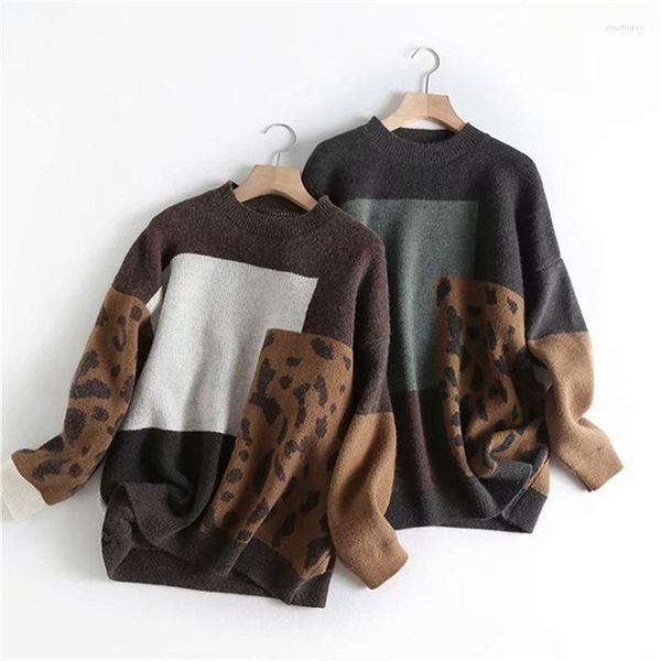 Pulls pour hommes élégant imprimé léopard surdimensionné pulls femme automne hiver 2023 doux chaud tricoté pulls amples pour les femmes