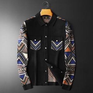 Suéteres para hombres Étnico Retro Geométrico Contraste Color Costura Chaqueta de punto Solapa Vintage Bomber Hombres Otoño Streetwear Club Outfit 230826