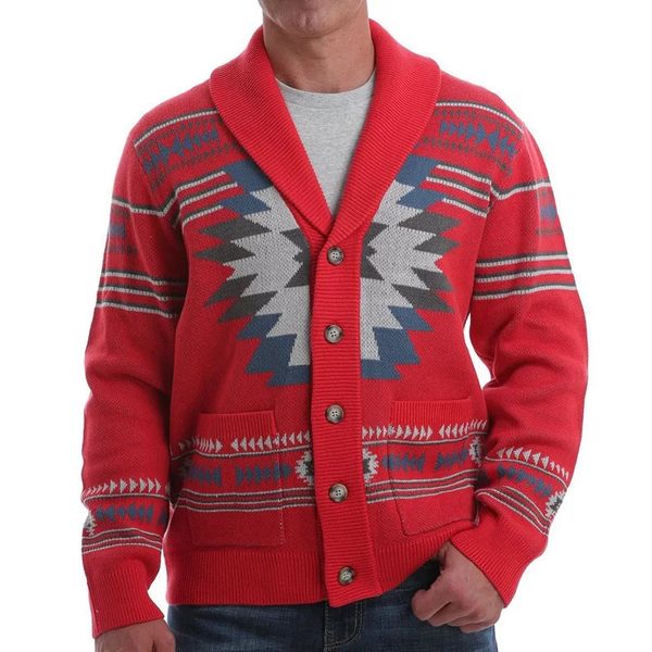 Suéteres para hombre Otoño Invierno europeo y americano estampado Retro suéter rojo chaqueta de bolsillo de Rebeca de un solo pecho 231010