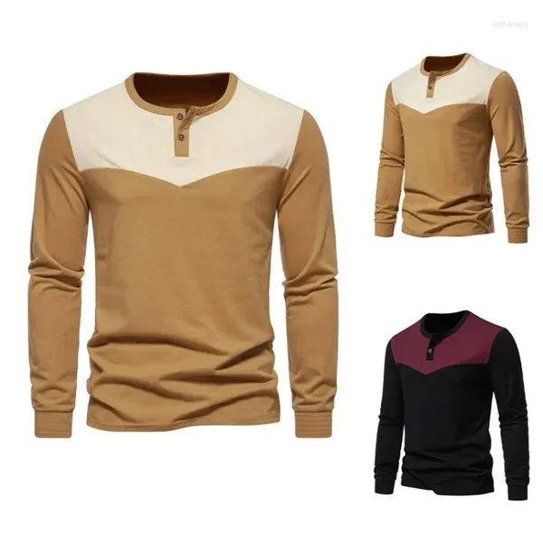 Pulls pour hommes Taille européenne Deux boutons Henry Col T-shirt à manches longues Couleur Blocage Casual Jumper