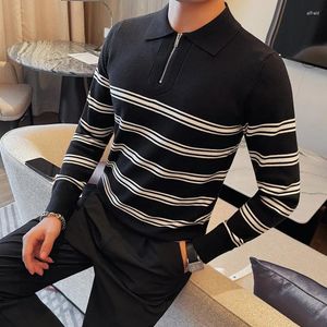 Pulls pour hommes automne revers rayé couleur pull à manches longues en tricot coupe ajustée pull décontracté demi-col zippé streetwear