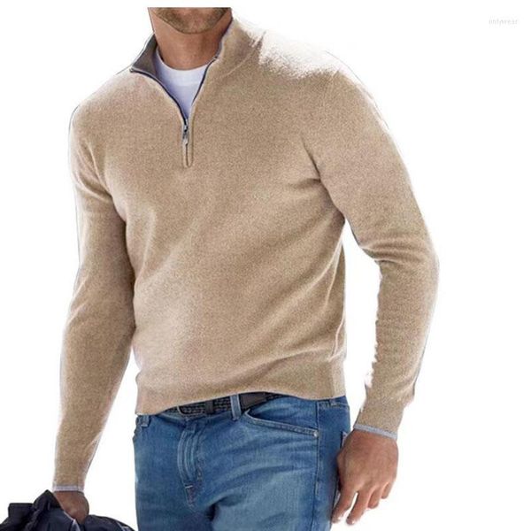 Suéteres para hombres Otoño de manga larga con cuello en V Fleece Zip Suéter informal para hombres Top Polo Color sólido Elástico Delgado Cálido