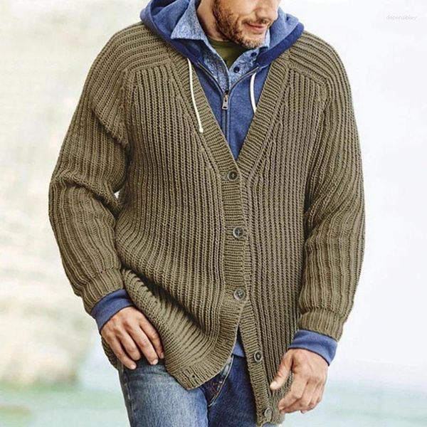 Suéteres para hombres Otoño Invierno Moda Hombre Sweatercoat Tejer Manga larga Abotonado Cuello en V Suéter Chaqueta Vintage Color Sólido Punto de Ganchillo