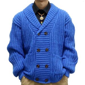 Pulls pour hommes Mode Bleu Hommes Pull Cardigan Automne / Hiver Épaissie Double Boutonnage Col Châle Aiguille Épaisse Lâche Tricot Mâle Manteau