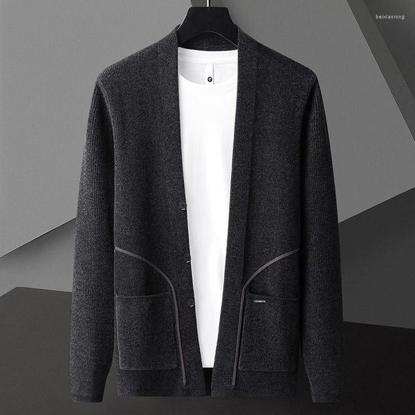 Suéteres para hombres Marca de moda para hombre Color sólido Punto Mantón Cardigan Exquisito Bolsillo Coreano Casual Suéter Primavera y Otoño Alta Calidad