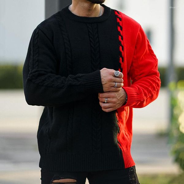 Suéteres para hombres Moda Contraste Color Crochet Suéter Hombres Casual Patchwork Manga larga O Cuello Punto Jumper Tops Ropa para hombre Otoño