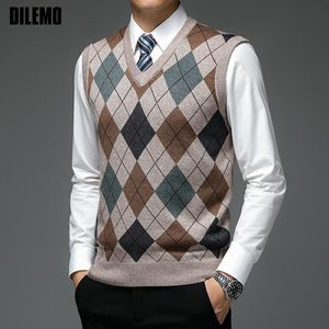 Sweaters para hombres Marca de diseñador de moda Argyle Sweater Diamond Diamond V Cuel Knit Vest Men 6% Lana sin mangas Autum Casual Men Clothing 230816