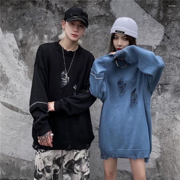 Jerséis de hombre a la moda, jersey con agujeros destruidos desgastados, ropa de calle para hombre y mujer, jersey de punto holgado informal de Hip Hop Harajuku, Tops para hombre