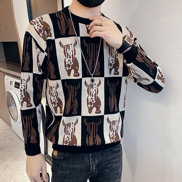 Männer Pullover Mode Koreanischen Männer Gestrickte Straße Tragen Herbst Winter Warme Cartoon Gedruckt Herren Pullover Harajuku Plaid